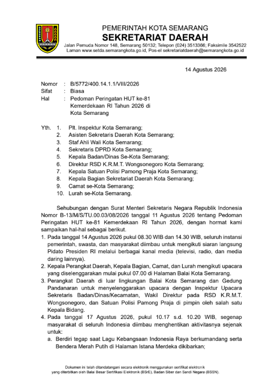 Pedoman Peringatan HUT ke-81 Kemerdekaan RI Tahun 2026 di Kota Semarang